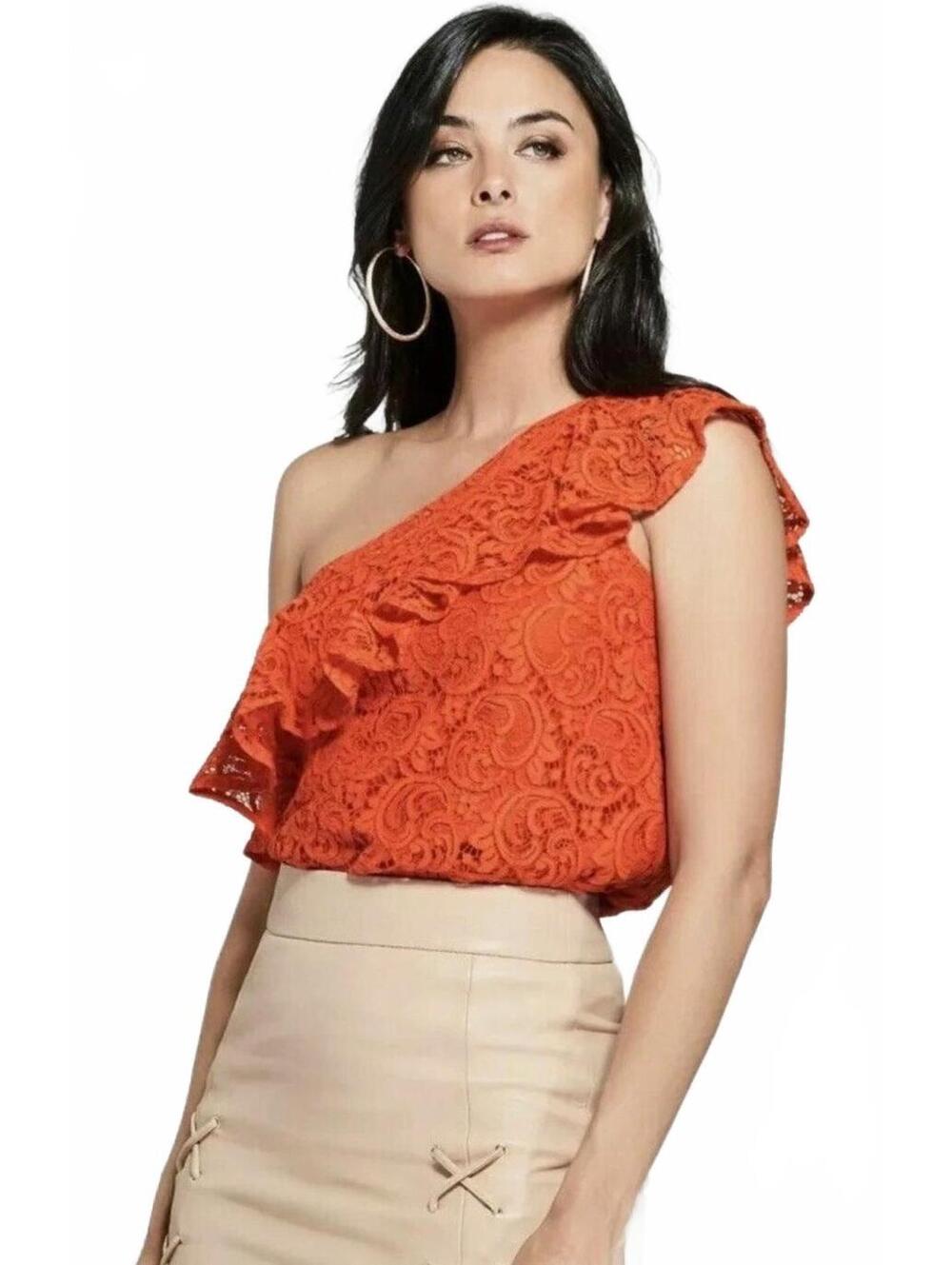 Guess Marciano Red Lace Ruffle Top Blouse Womens Large Amorella One Shoulder